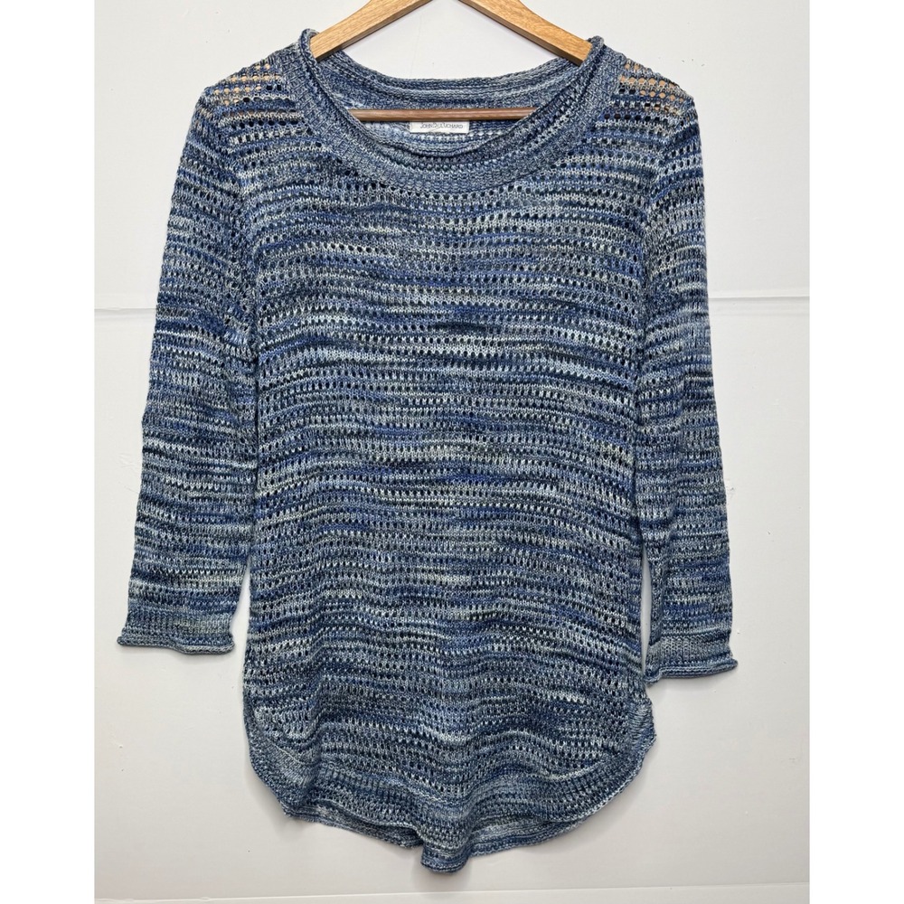 John Paul Richard Sweater Women L Blue Space Dye Open Knit 3/4 Sleeve Boho Beach